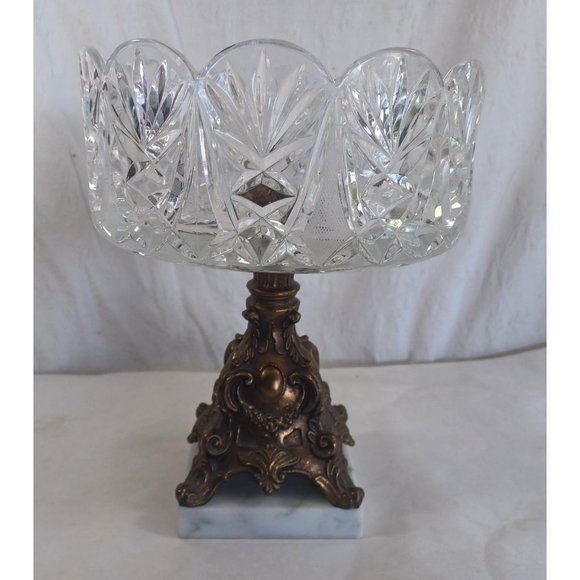 Vintage 8" Crystal Bowl Bronze Pedestal 4" Marble Base 10" Tall Antique